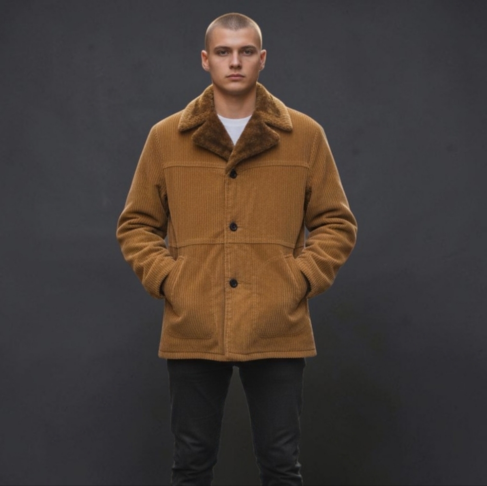 70s Corduroy Over Coat Sz M‎ Tall Faux Fur Lined